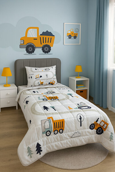 adenkahome Single Bedspread Set with Scoop Truck Pattern, Quilted Stitching 160X220 cm + Pillowcase