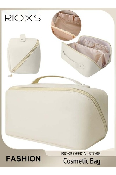 RIOXS حقيبة مستحضرات تجميل للسفر ذات سعة كبيرة، حقيبة مكياج جلدية بمقبض، حقيب...