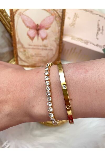 GUNESTAKI çift taraflı çelik yonca bileklik ve taşlı çelik kadın bileklik iki...