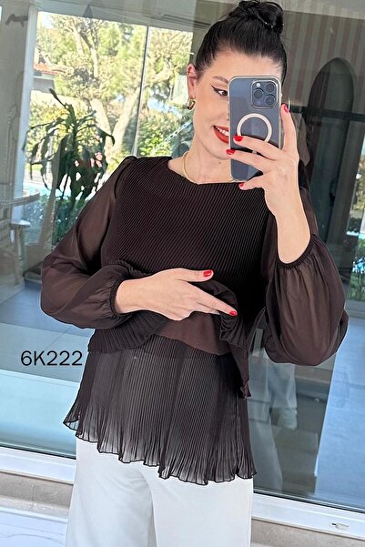 İnce Topuk 2 Layered Pleated Chiffon Blouse 6K222