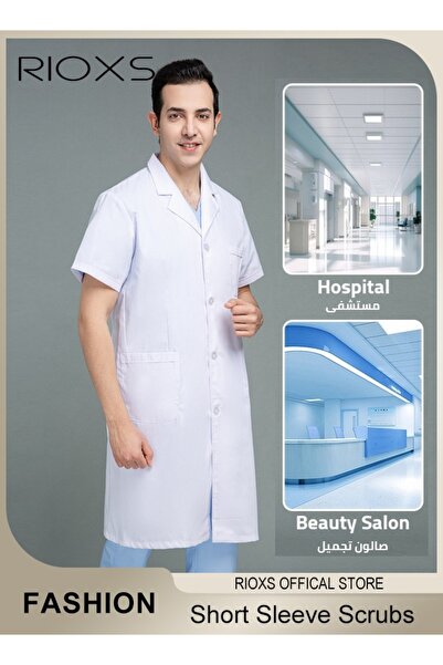 RIOXS Men Scrubs Lab Coat Scrubs Medical Uniform Scrubs Set Medical Scrubs Short Sleeve Coat Scrubs Top Fo
