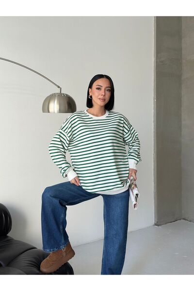 moda paketi Γυναικείο πράσινο ριγέ φούτερ oversized – Άνετο και κομψό casual στυλ