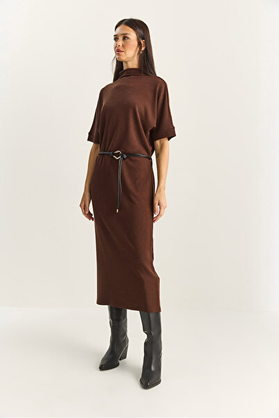 Bianco Lucci Women's Half Turtleneck Faux Leather Belted Steel Knitted Midi Dress 11052 60283854