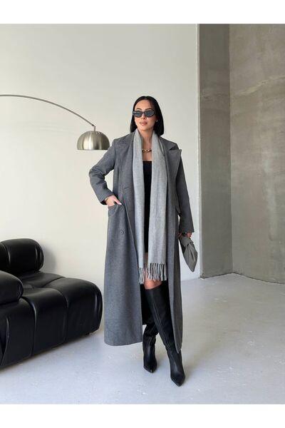 moda paketi Γυναικείο μακρύ γκρι κασετένιο παλτό – Μοντέλο χειμερινού κομψού και μοντέρνου παλτό