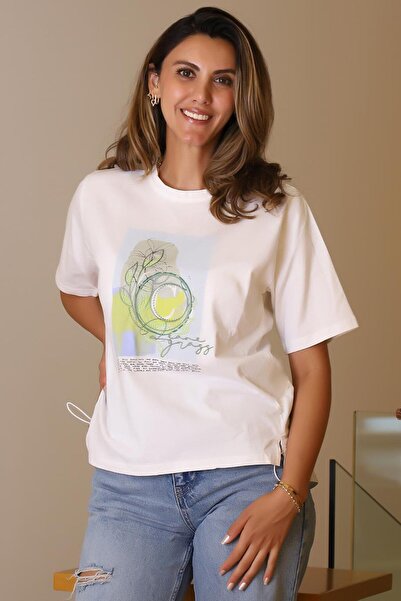 Nazen Giyim Zero collar patterned ecru women's t-shirt 28477-2y5