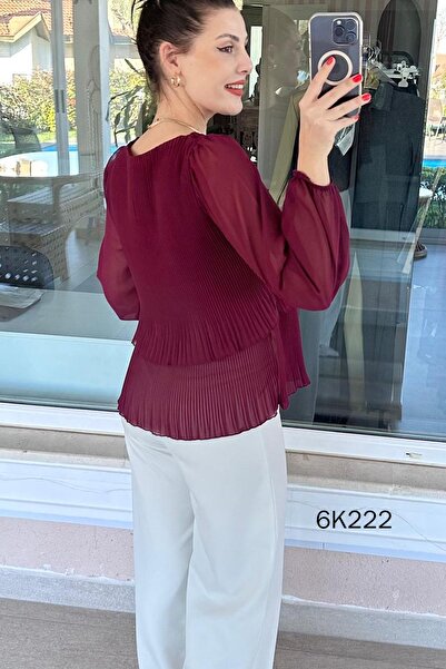 İnce Topuk 2 Layered Pleated Chiffon Blouse 6K222