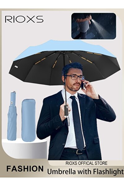 RIOXS LED Umbrella,Automatic Folding Umbrella With Rotating LED Flashlight Fo...