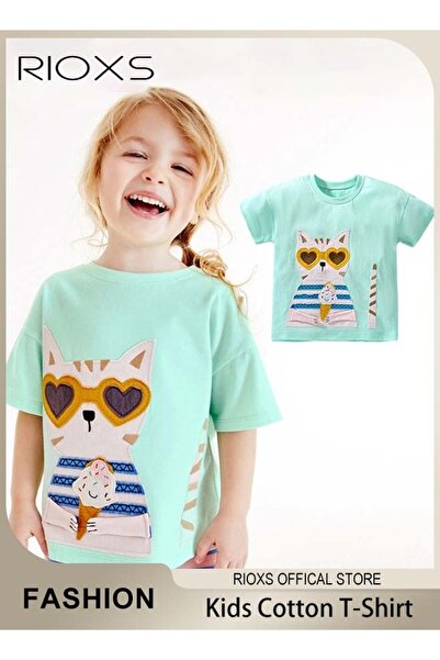 RIOXS Toddler Girls Fashionable Comfortable Tops with Cat Pattern, Breathable Soft 100% Cotton T-Shirt, Cl