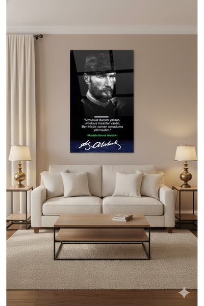 BLT DİZAYN Mustafa Kemal Atatürk Portre Cam Tablo – Umut Sözlü Siyah Beyaz Ta...