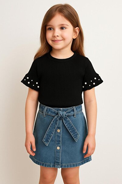 RAPAPA Σετ κοριτσίστικη μπλούζα με λεπτομέρειες από πέρλες και τζιν φούστα 2539