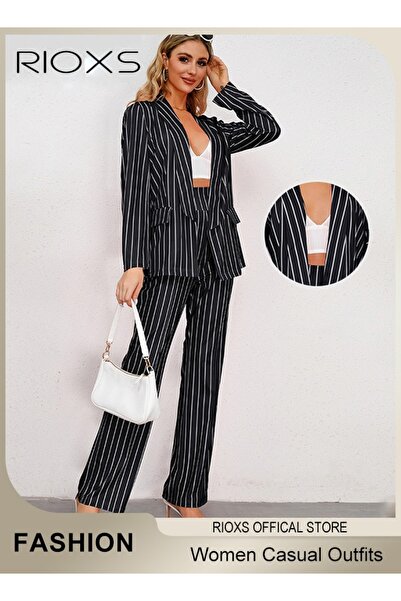 RIOXS Women's 2 Pieces Strip Casual Outfits Blazer Jacket & High Waisted Wide Leg Pants for Business Work