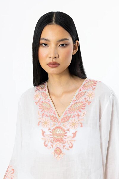 Nazen Giyim Embroidered linen ecru women's blouse 3936-2y5