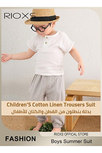 RIOXS 2PCS T-Shirt and Pants Set, Short Sleeved Cotton Shirt and Linen-cotton Pants, Fashionable Outfit fo