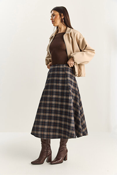 Bianco Lucci Fusta lungă A croială cu model în carouri pentru femei, cu detaliu de buzunar 60283870