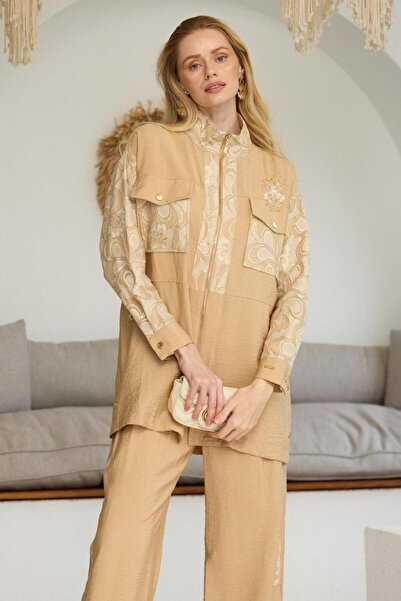 Nazen Giyim Gold Lace Embroidered Latte Women's Suit Ma24.22-2Y5