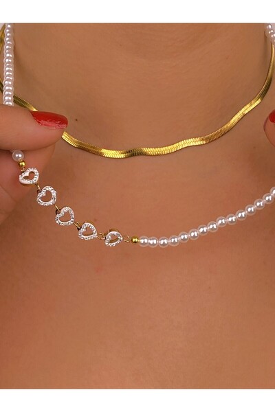 Furtek Aksesuar Pearl Minimal Heart Detail Italian Chain Combination Steel Necklace Set Non-Tarnish Gold Plated