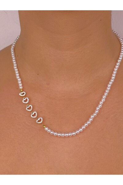 Furtek Aksesuar Minimal Heart Detailed Pearl Bead Necklace Model Gold Plated Detail