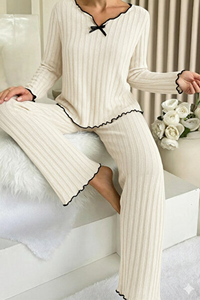 ELİTOL Ecru Cotton Bow Detailed Pajama Set