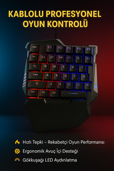 Coverzone Tek Elle Oyun Klavyesi – 35 Tuşlu, Ergonomik, LED Işıklı, Windows/A...