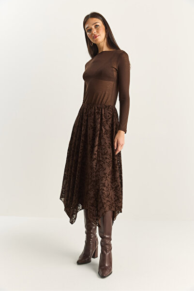 Bianco Lucci Fusta midi asimetrică cu talie elastică croială pentru femei, cu model din catifea, căptușită DE251125 60283880