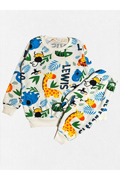 Pajama Shop Boy's Cotton Fabric White Color Fleece-Lined Safari Koala Patterned Long Sleeve Winter Pajama Set