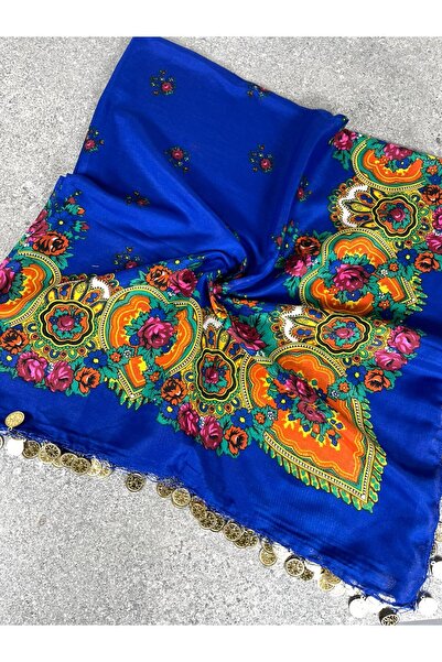 Sobe Hediyelik Mardin Yazması Mavi Zeminde Çiçek Desenli Pullu Başörtüsü – Gü...