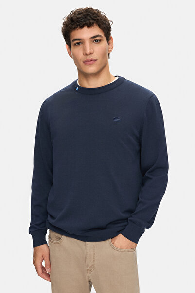 UCLA Ανδρικό πλεκτό πουλόβερ με κέντημα με λαιμόκοψη SENTO Navy Blue Standard Fit