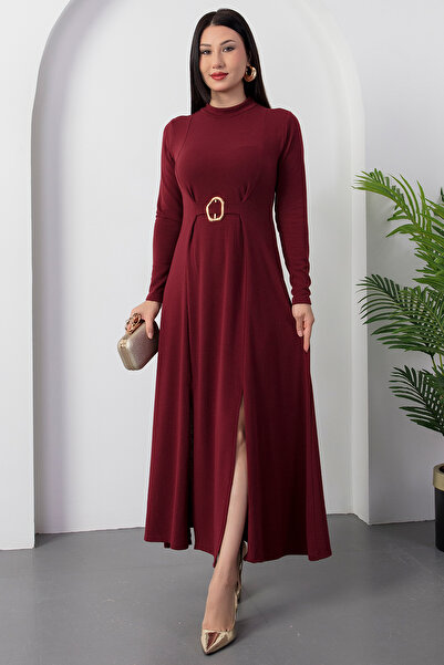 PULLIMM Mock Neck Long Sleeve Buckle Acrylic Dress 2025-4407