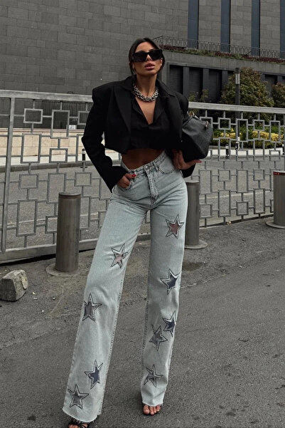 UNBOX Star Pattern Crop Straight Jeans Ice Blue