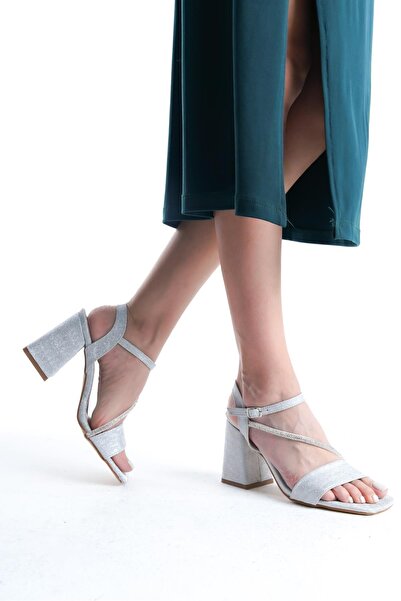 asmi shoes Women's Scarlet Silver Glitter 9 cm Thick Heeled Stone Detailed Shoes