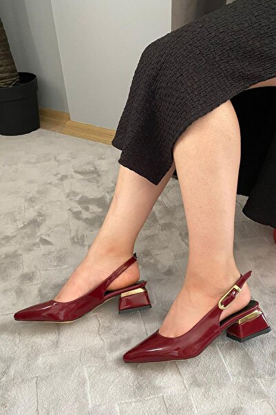 asmi shoes Women's Karmi Burgundy Patent Leather Open Back Pointed Toe 4 cm Thick Heeled Shoes