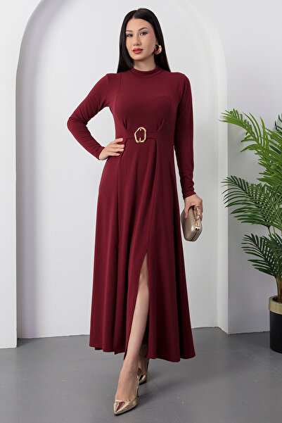 PULLIMM Mock Neck Long Sleeve Buckle Acrylic Dress 2025-4407