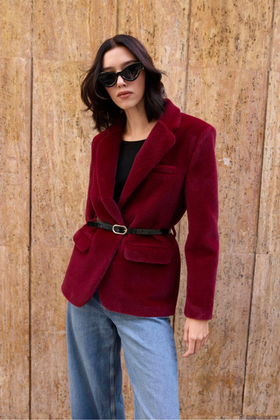 Myra Alpaca Textured Belted Burgundy Plush Jacket