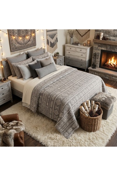 HB&Victory Bohemian Inca Series 100% Cotton Muslin 5-Layer Single Anthracite Bedspread/Case 160X220 Cm.