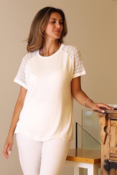 Nazen Giyim Zero Collar Shoulder Lace Embroidered Ecru Women's Blouse 737-2Y5