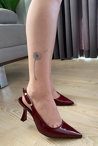 asmi shoes Women's Motto Claret Red Patent Leather Pointed Toe Open Back 8 cm Heeled Shoes