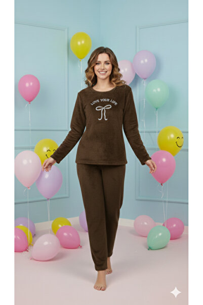 FAMES PİJAMA Winter Fleece Pajama Set Kurdale Embroidery