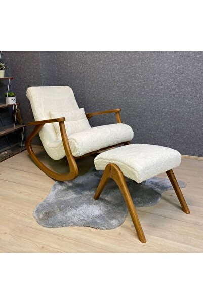 Reyo Ekol Açık Ceviz Teddy Krem Ahşap Sallanan Sandalye Dinlenme Baba Tv Okuma Koltuğu Berjer