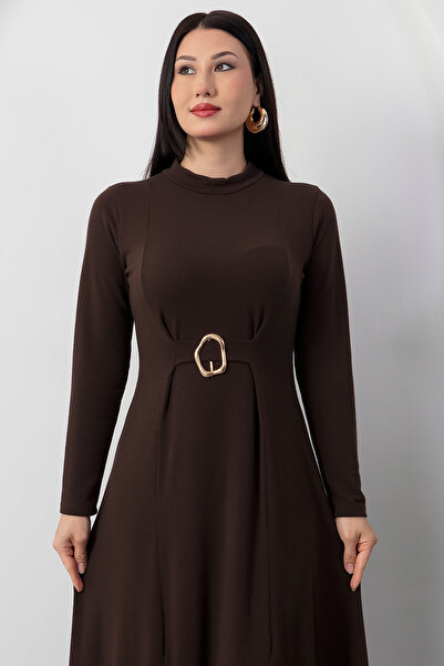 PULLIMM Mock Neck Long Sleeve Buckle Acrylic Dress 2025-4407