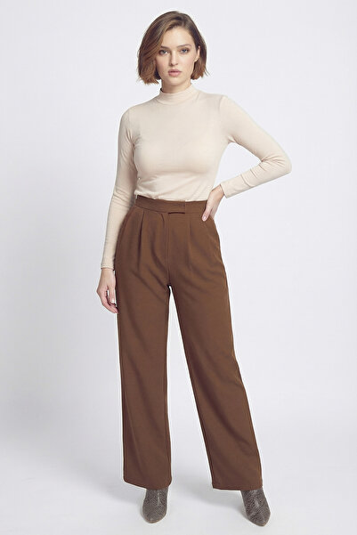 armonika Women's Brown Stretch Fabric Pleated Velcro Closure Palazzo Pants Arm-26K001059