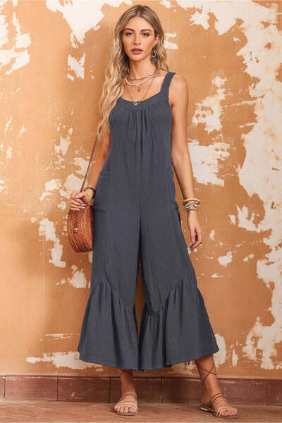 WildFashion Casual sleeveless jumpsuit with wide collar and pant skirt, Dark Grey P805-181