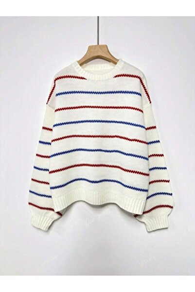 Dier Moda Pulover tricotat pentru femei supradimensionat – cu dungi de culoare albă, textura confortabilă și moale Fmoda1989
