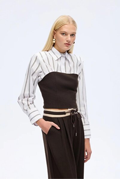 Quzu Kadın Bağcıklı Kontrast Bel Bol Paça Pantolon Kahverengi