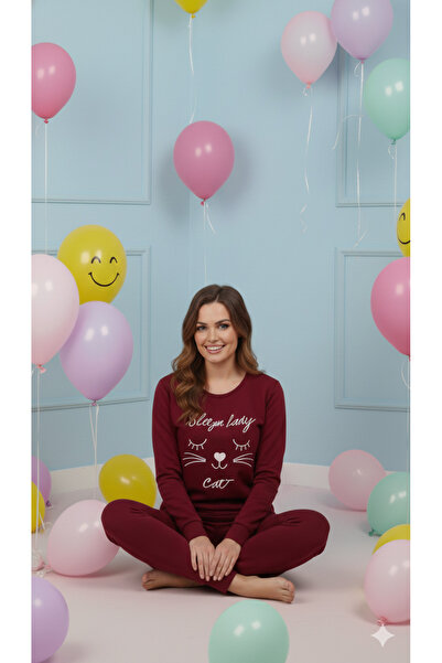 FAMES PİJAMA Winter Fleece Pajama Set Cat Embroidery
