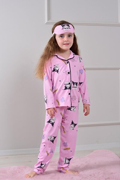 LİLLYPİCCA Colorful Patterned Cotton Front Buttoned Long Sleeve Girls Pajama Set + Eye Patch