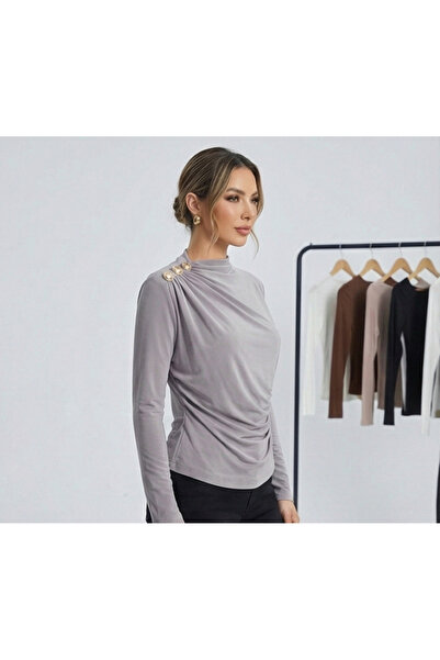 peralist Women's Gray Boat Neck Shoulder Buttoned Gathered Long Sleeve Sandy Fabric Blouse