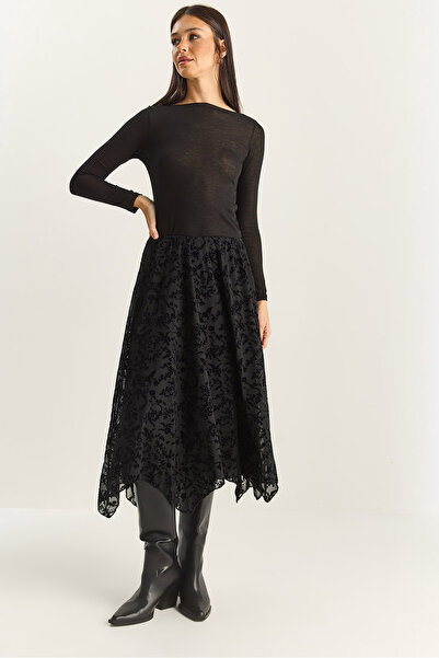 Bianco Lucci Women's Velvet Patterned Lined Asymmetrical Cut Elastic Waist Midi Skirt De251125 60283880