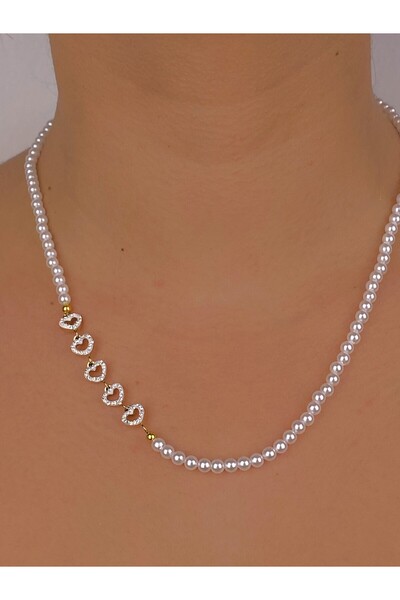Furtek Aksesuar Minimal Heart Detailed Pearl Bead Necklace Model Gold Plated Detail