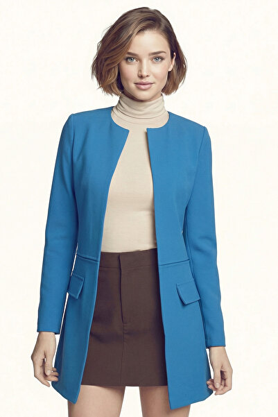 armonika Women's Blue Stitched Waist Long Jacket Arm-26K001017