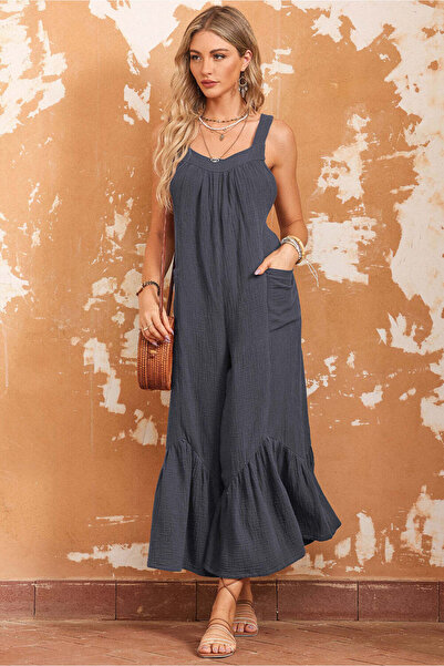 WildFashion Casual sleeveless jumpsuit with wide collar and pant skirt, Dark Grey P805-181